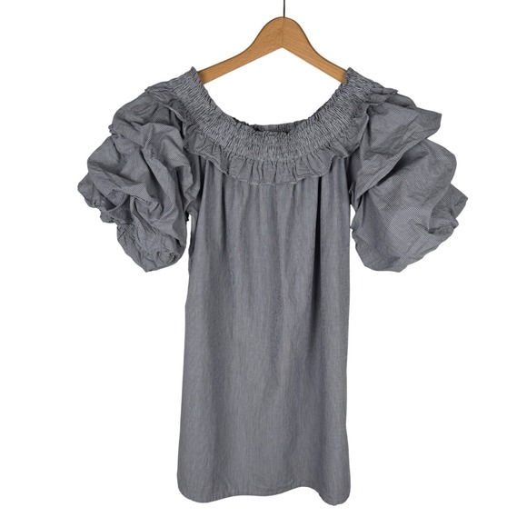 MISA Los Angeles Pinstripe Smocked Ruffle Cotton Dress Womens Large Puff Sleeves - Picture 2 of 7